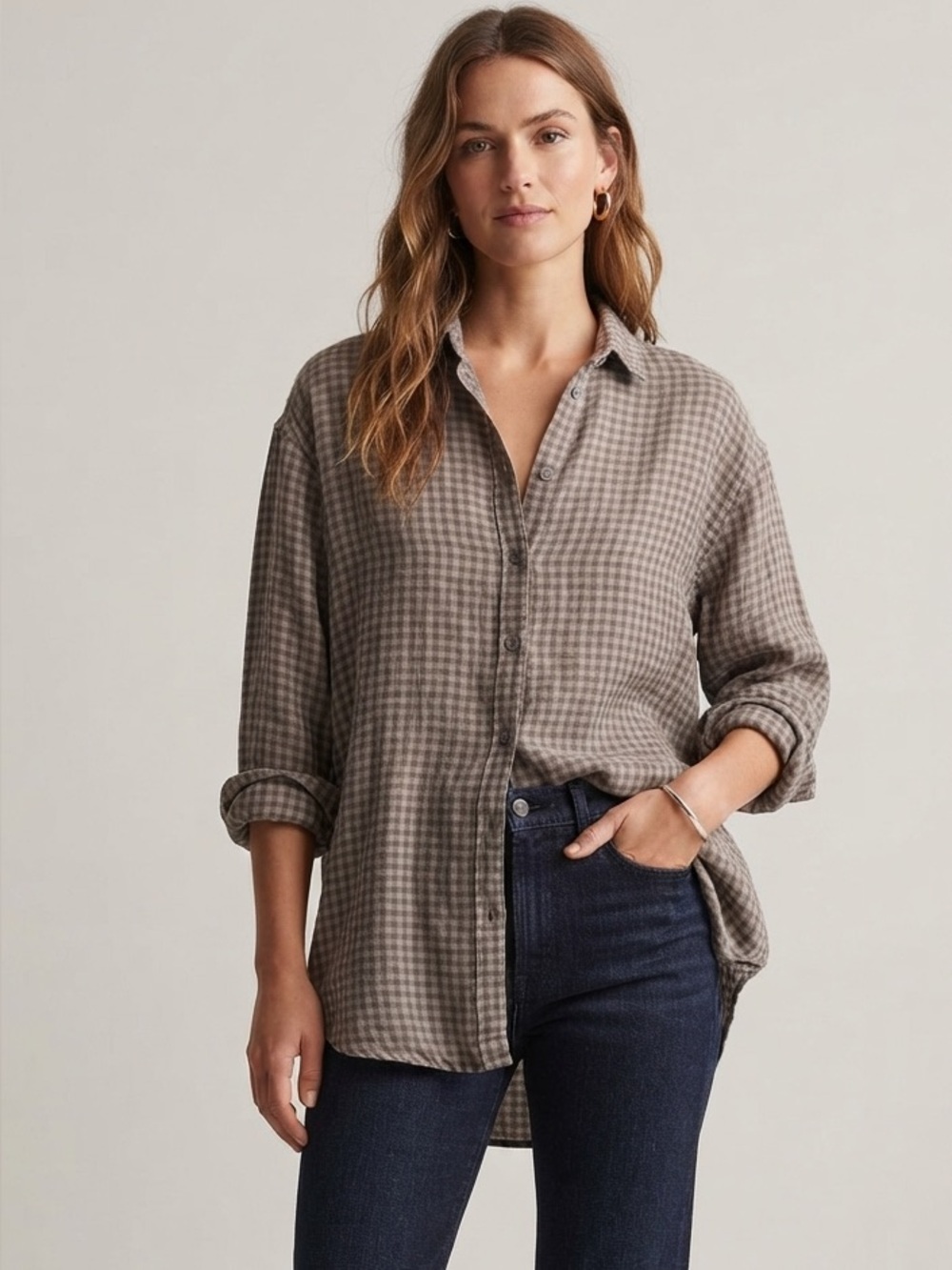 Poetry 100% Linen Gingham Tunic – Olive Green & Cream – Size 6 US / 10 UK
